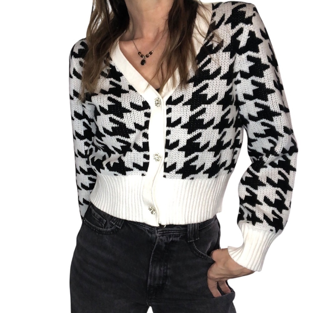 Houndstooth Cropped Jewel Button Cardigan Sweater SzM Cotton Blend Classic Retro